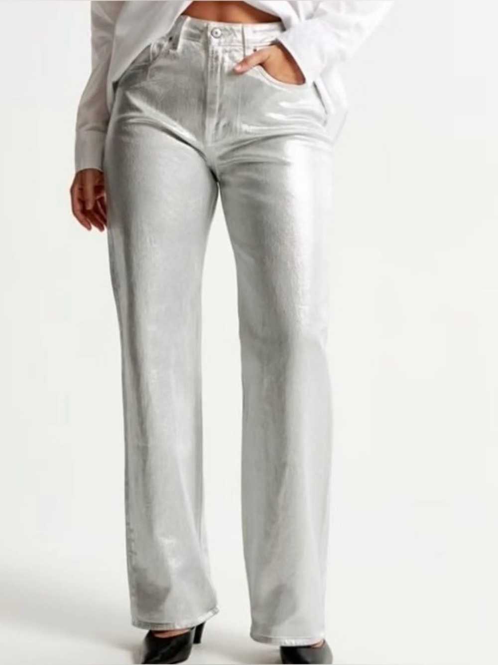 New Abercrombie 90s relaxed high-rise curve Love white silver coated jeans 12R